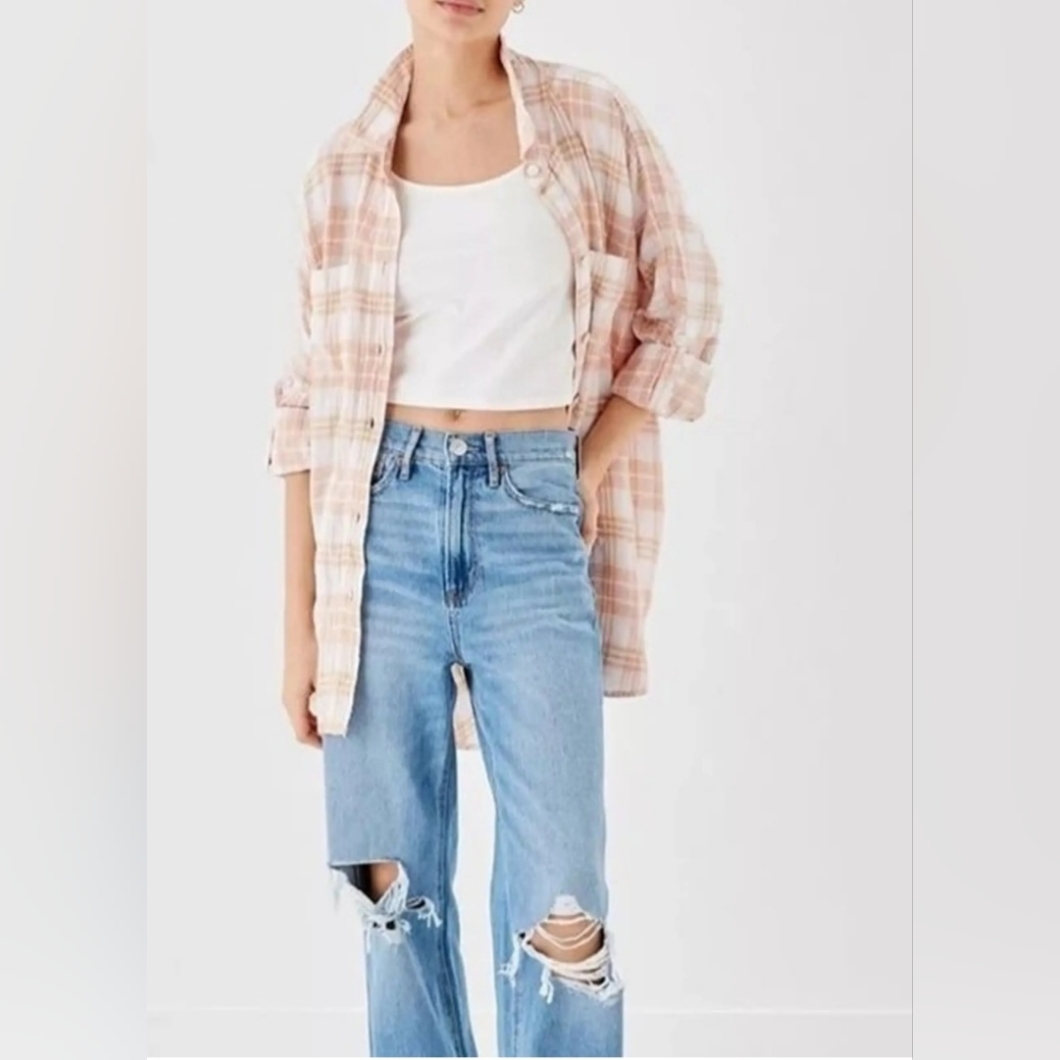 Ae Oversized Linen Peach Plaid Multi Button Up Women's Beach Shirt Size Xs New